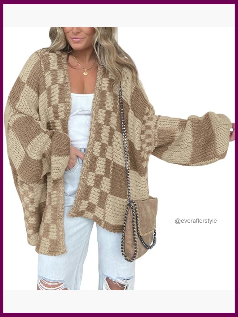 Chunky Knit Open Front Cardigan Sweater Long Sleeve Checkered Coat